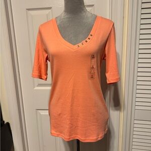 Karen Scott Coral Color Cotton Elbow Sleeve Top Size Small